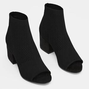 Eileen Fisher Black Croft Block Heel Peep Toe Sock Bootie Sz.7 NWOB